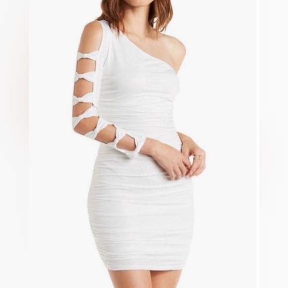 Charlotte Russe Dresses & Skirts - Charlotte Russe One-Shoulder White Dress with Cut-Out Sleeve With Silver Sparkle